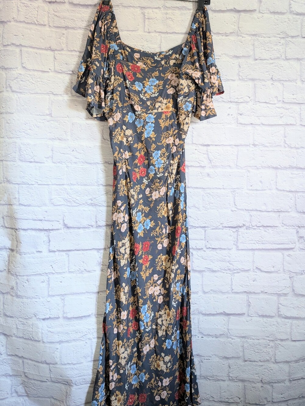 SPELL Flora Midi Dress S Mystic Blue Floral Print Flutter Sleeve Boho Resortwear - Picture 2 of 8